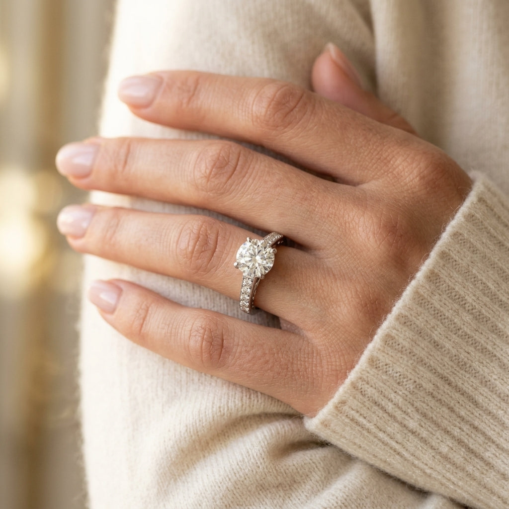 Single Row Prong In Channel Side Scroll Engagement Ring - worn lifestyle photo