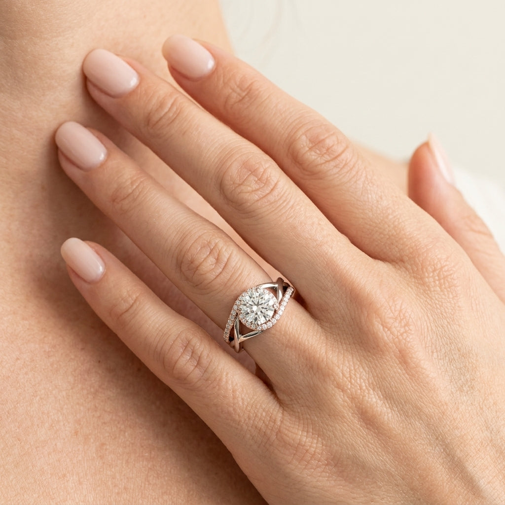 Bypass Halo Engagement Ring - worn lifestyle photo