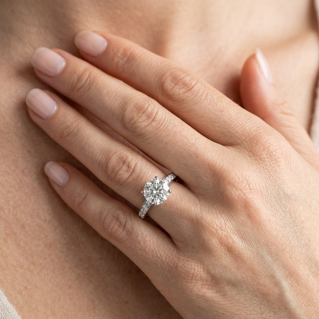 Single Row Prong Set Engagement Ring - worn lifestyle photo
