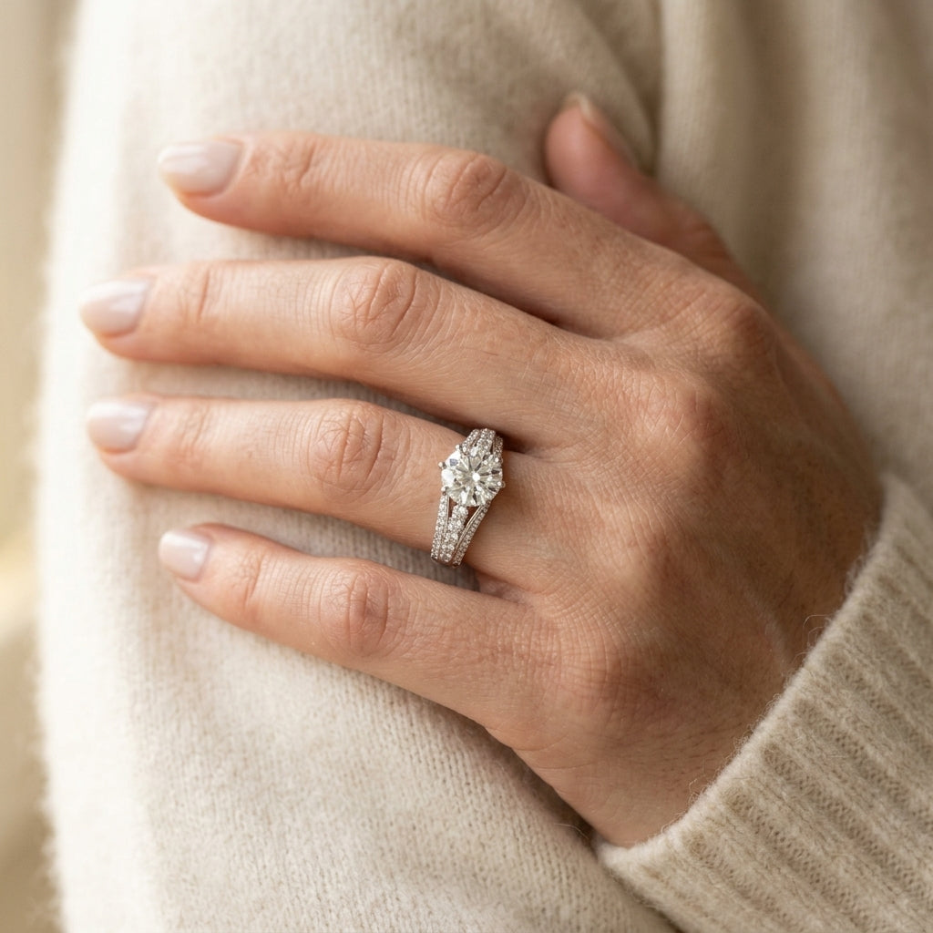 Multirow Pavé Engagement Ring - worn lifestyle photo