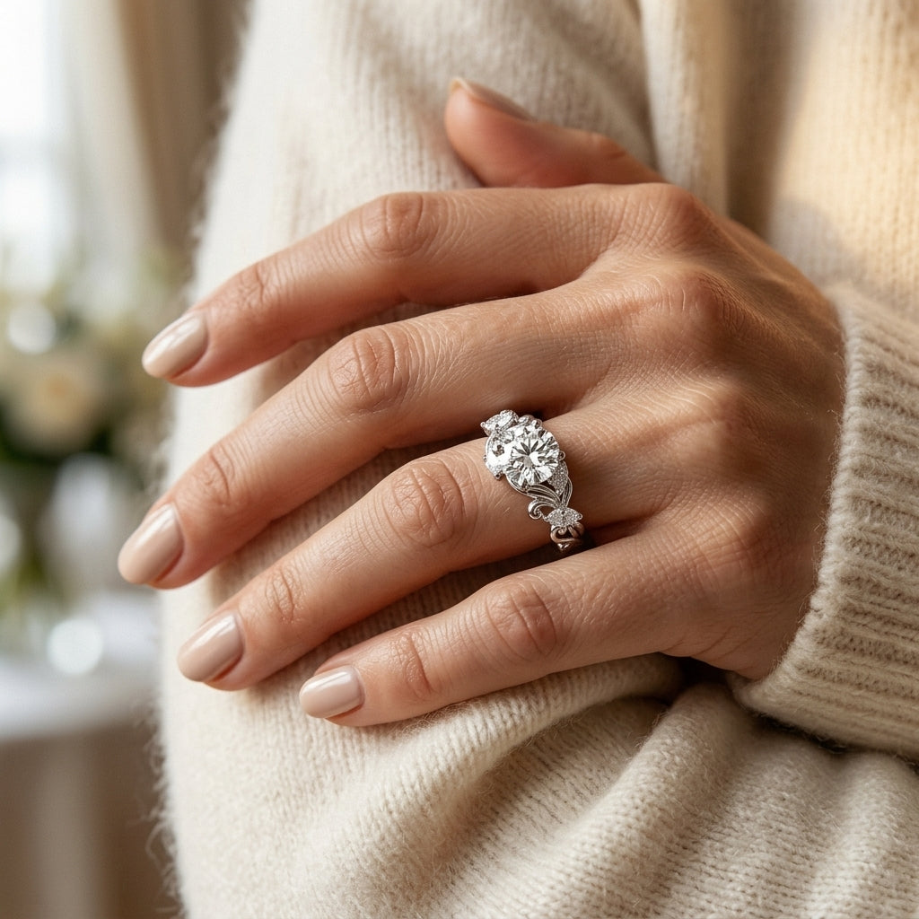 Vintage-Inspired Marquise Accented Engagement Ring - worn lifestyle photo