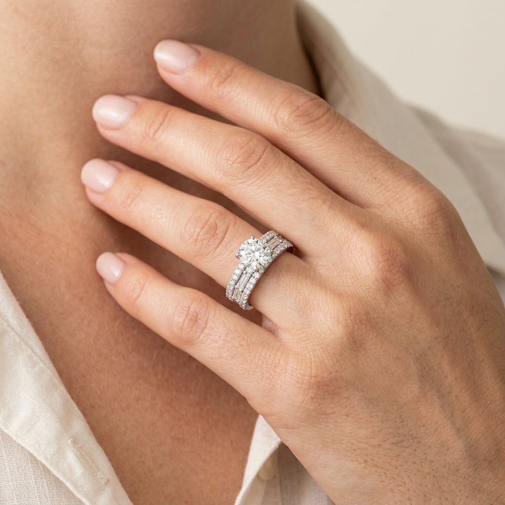 Multirow Round & Baguette Engagement Ring - worn lifestyle photo