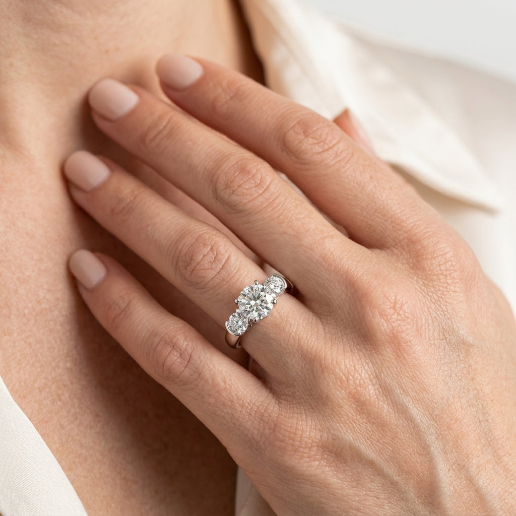 3-Stone Half Bezel Engagement Ring - worn lifestyle photo
