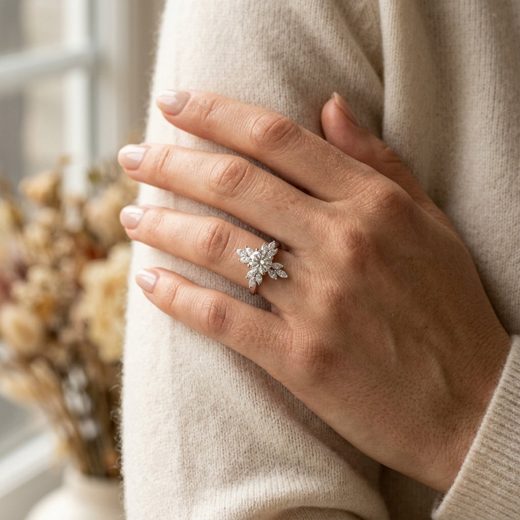 Marquise Side Cluster Engagement Ring - worn lifestyle photo