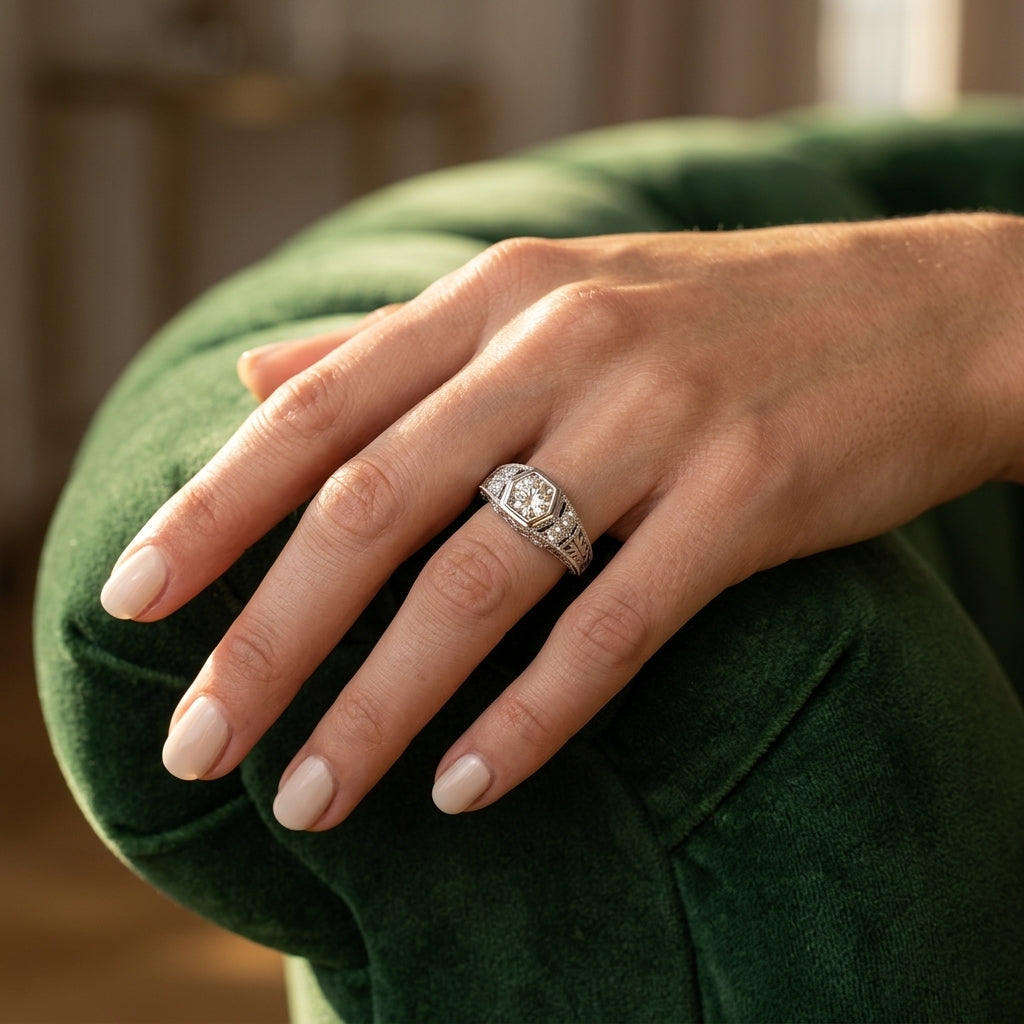 Vintage-Inspired Round Engagement Ring - worn lifestyle photo