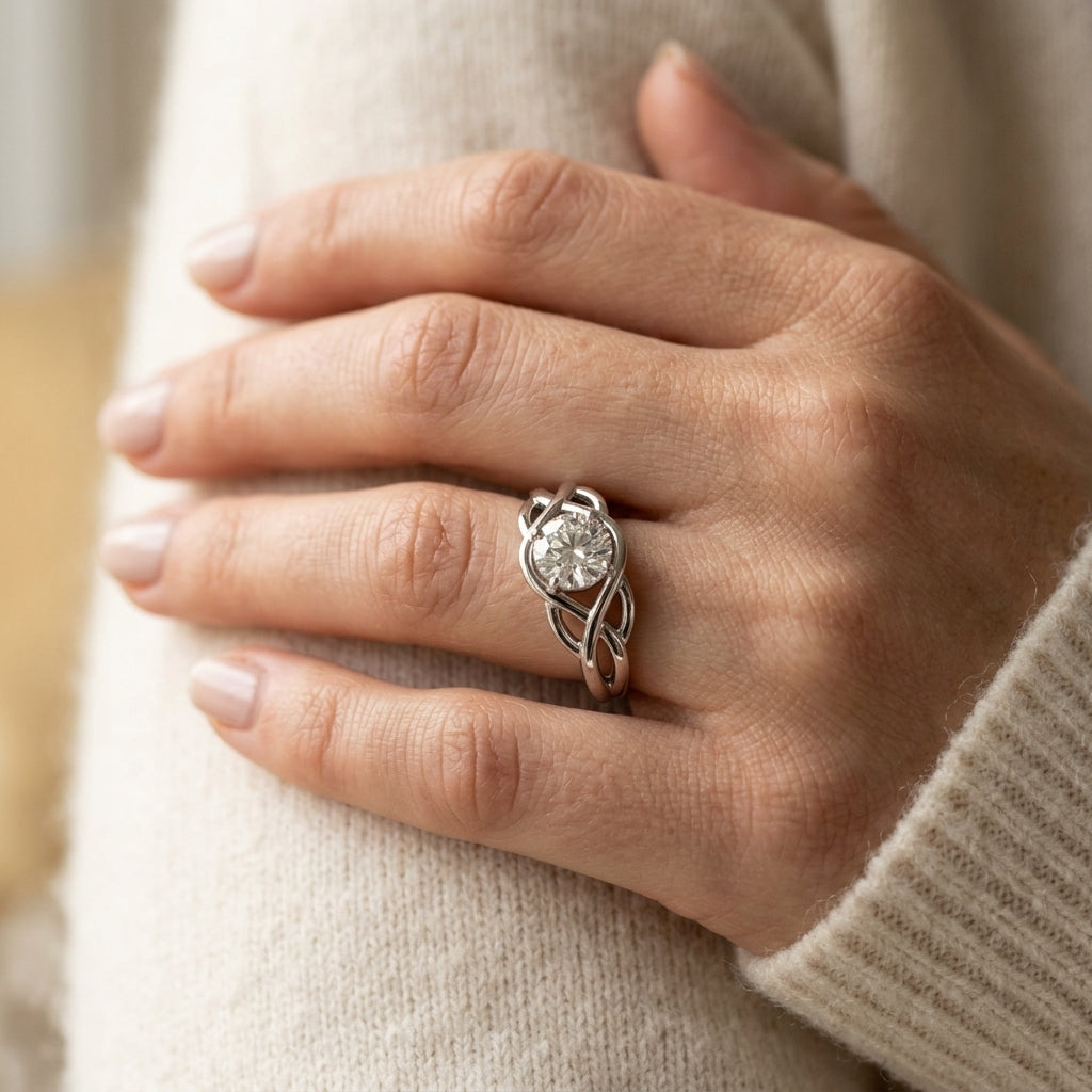Round Solitaire Twisted Knot Engagement Ring - worn lifestyle photo