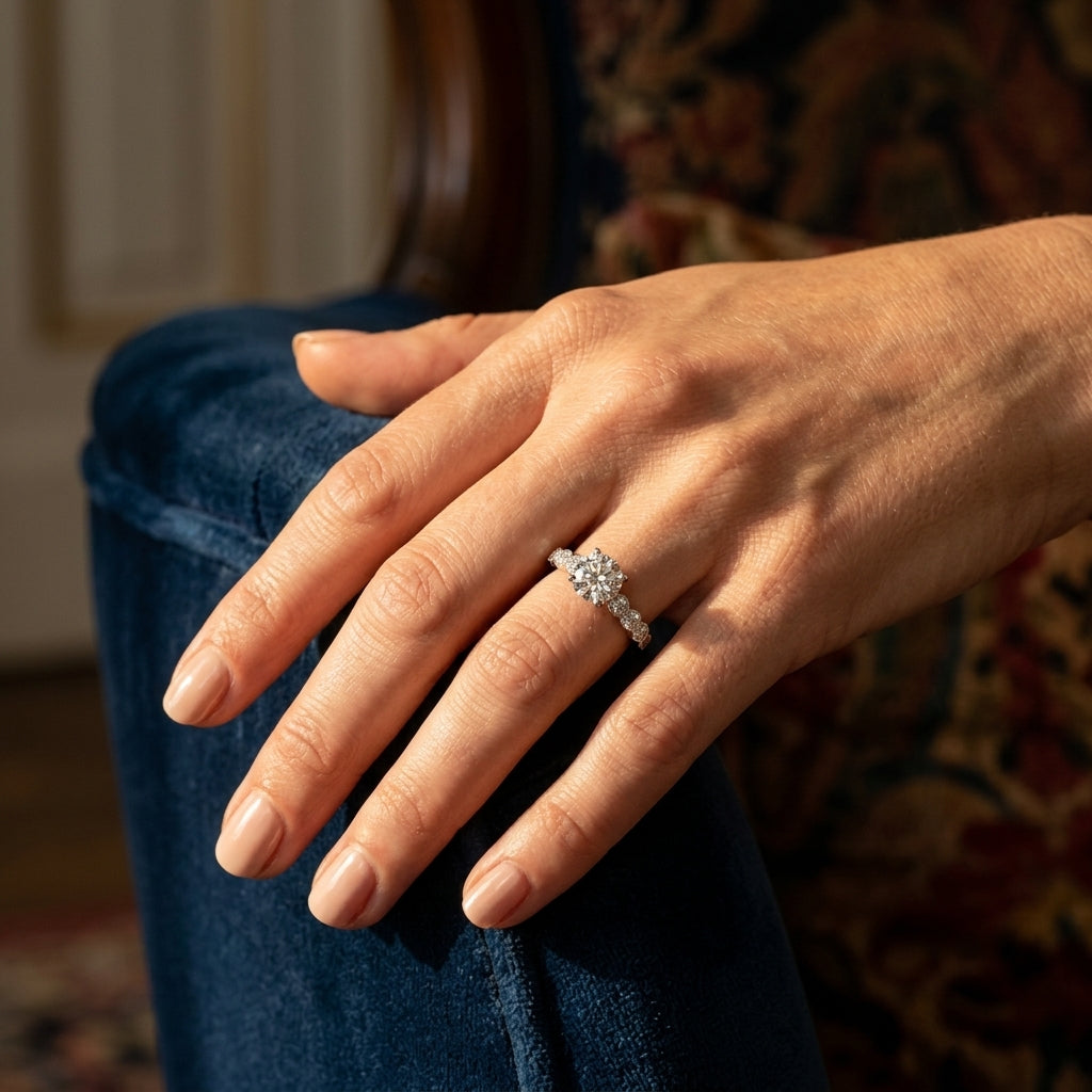 Vintage-Inspired Bezel Set Engagement Ring - worn lifestyle photo