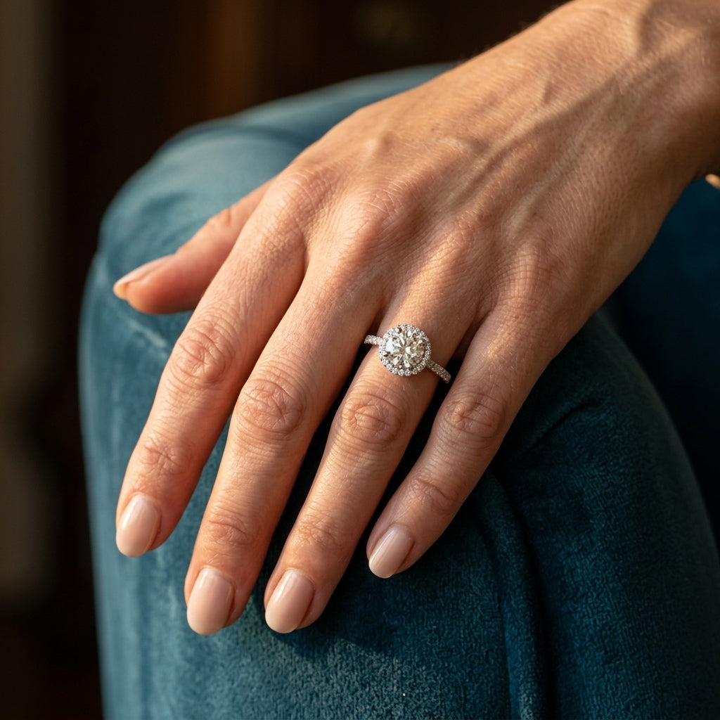 Accented Halo Engagement Ring - worn lifestyle photo