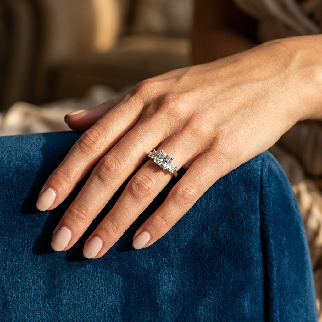 3-Stone Princess Cut Prong Set Engagement Ring - worn lifestyle photo
