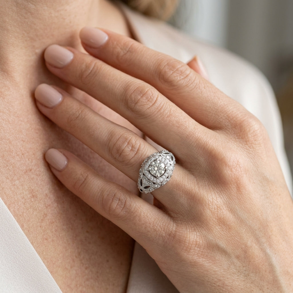 Vintage Inspired Halo Engagement Ring - worn lifestyle photo