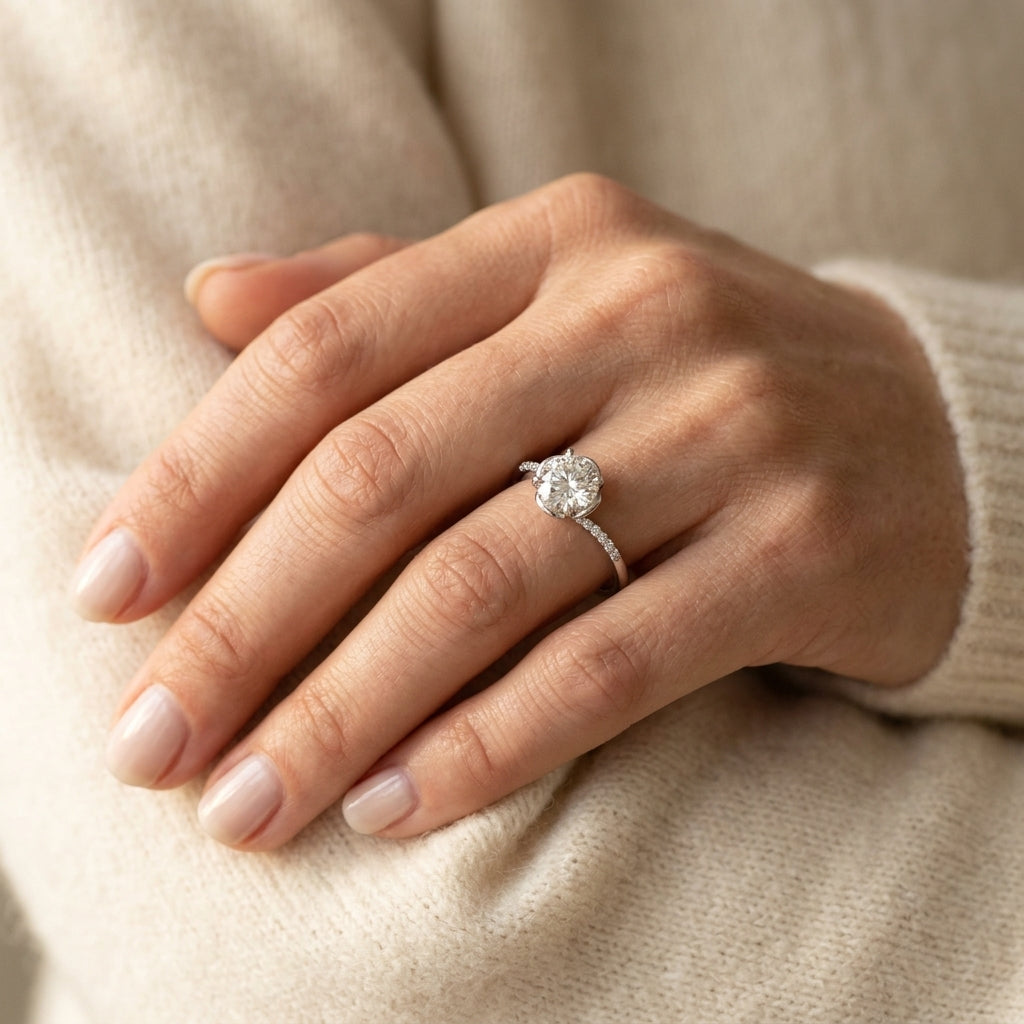 Bypass Floral Swirl Engagement Ring - worn lifestyle photo