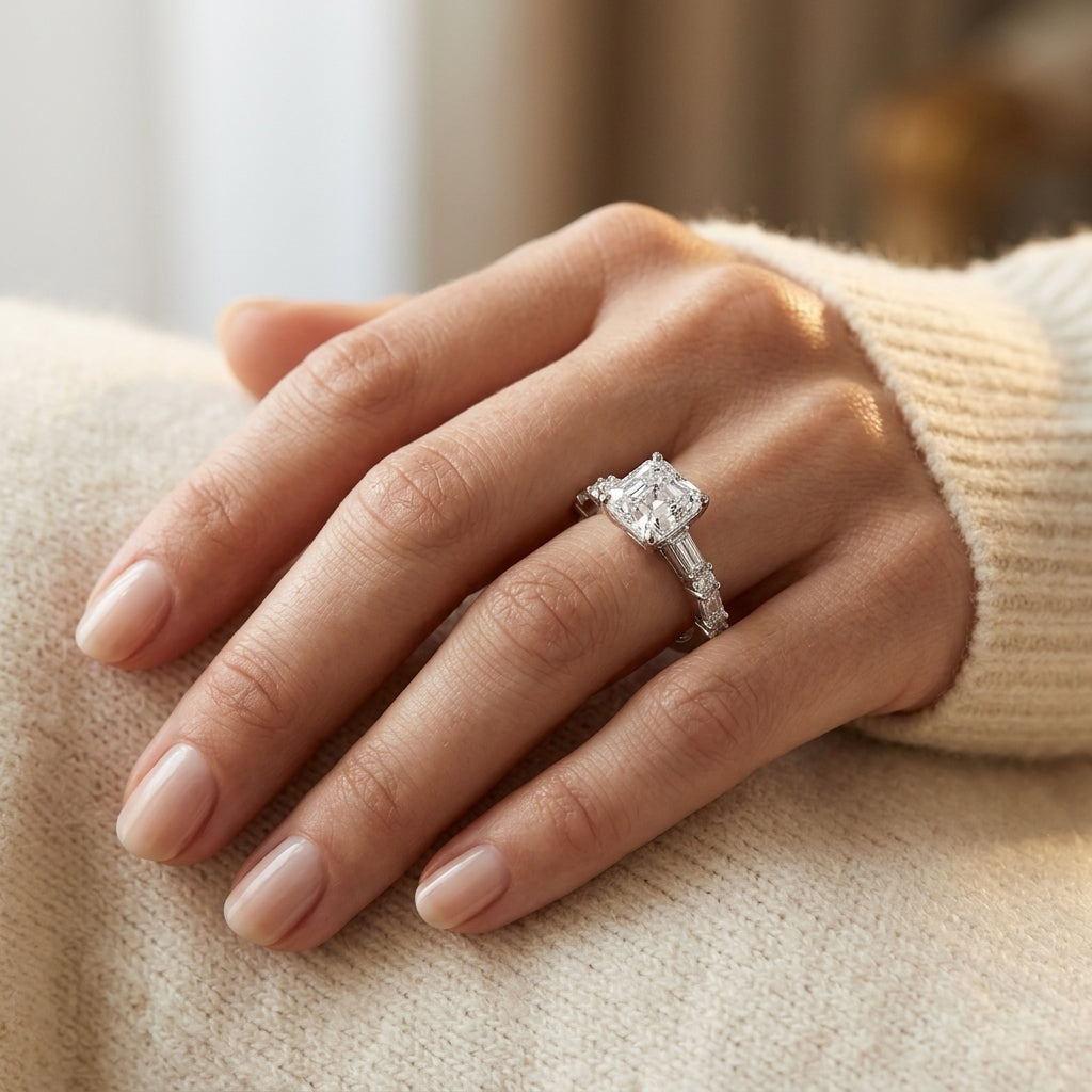 Contemporary Round & Baguette Engagement Ring - worn lifestyle photo