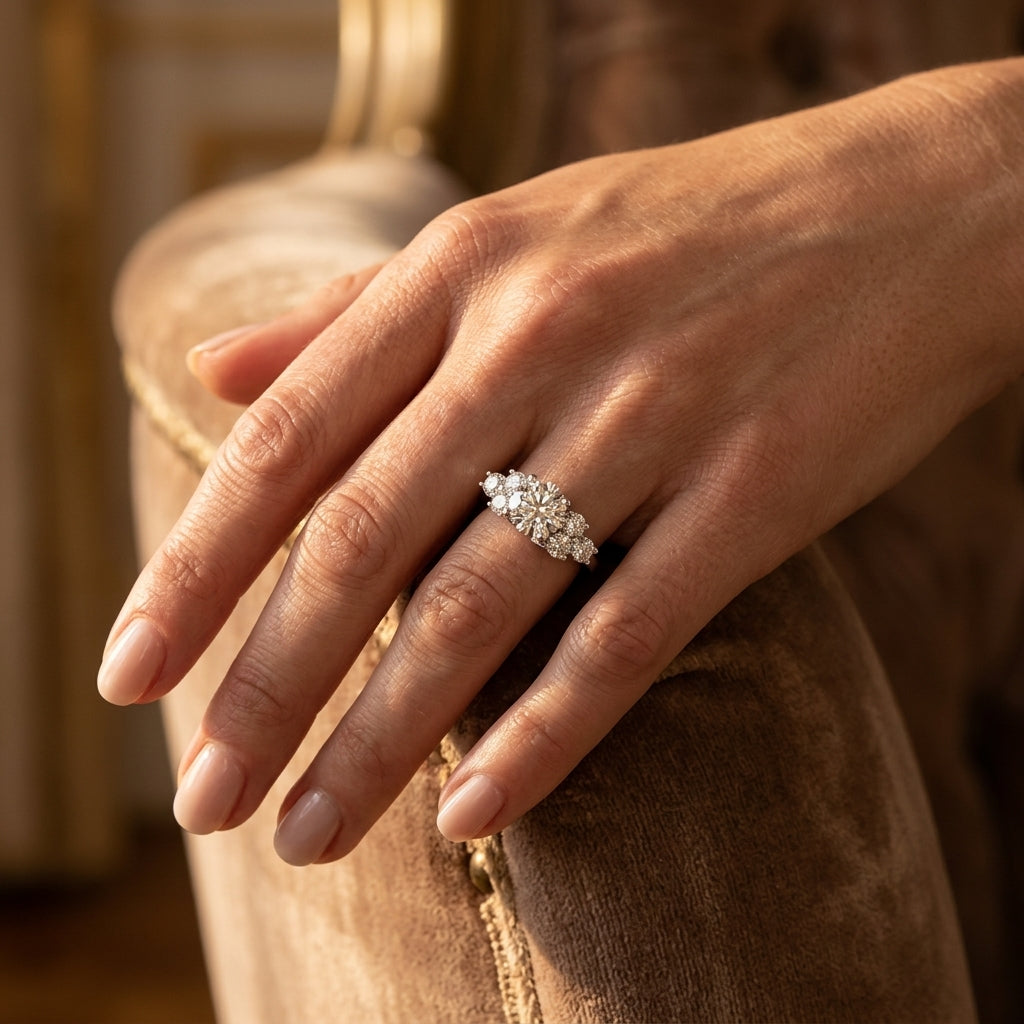 Cluster Side Peg Head Engagement Ring - worn lifestyle photo