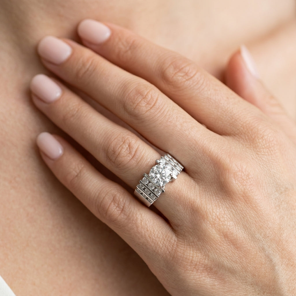 Multirow Channel Set Peg Head Engagement Ring - worn lifestyle photo