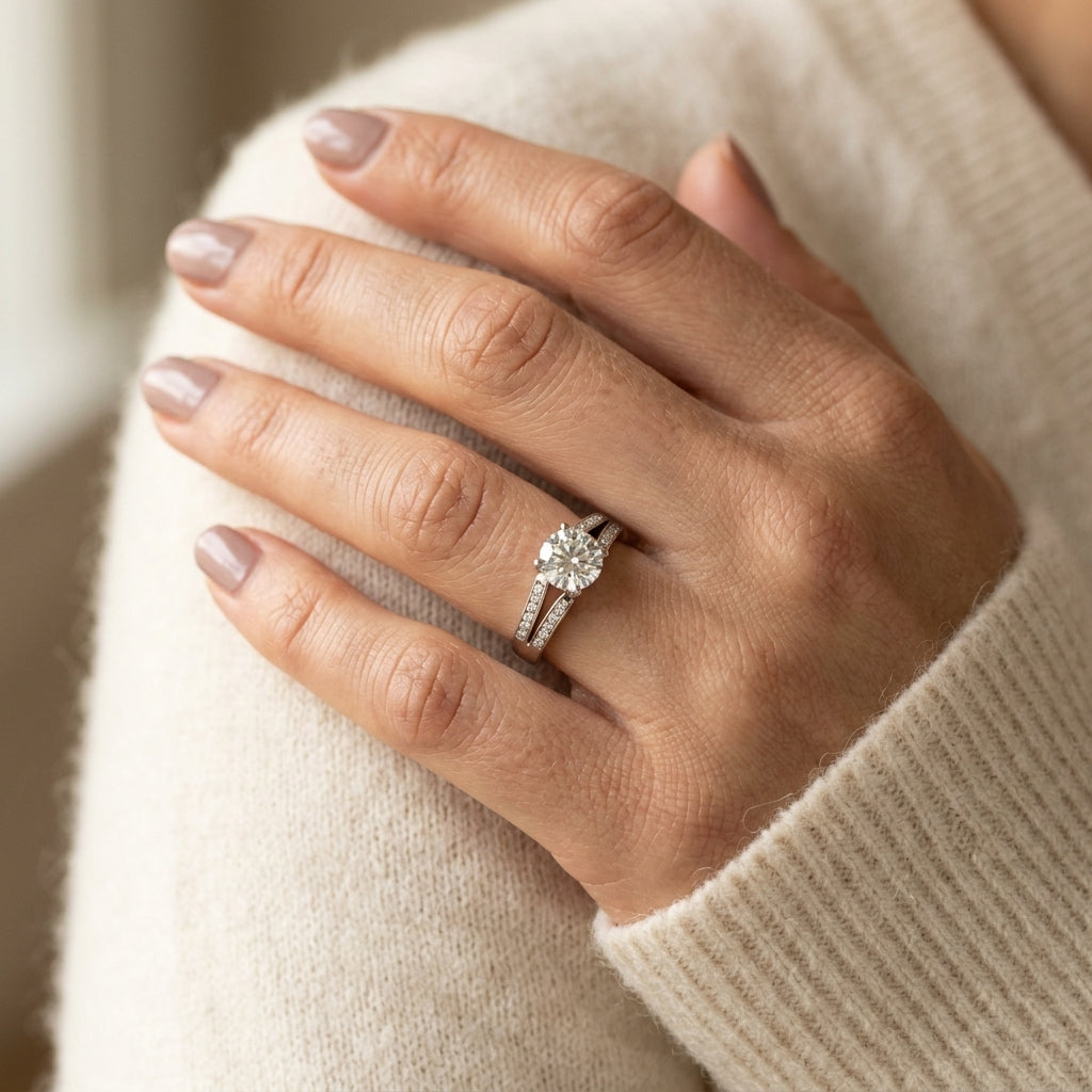 Split Shank Peg Head Engagement Ring - worn lifestyle photo