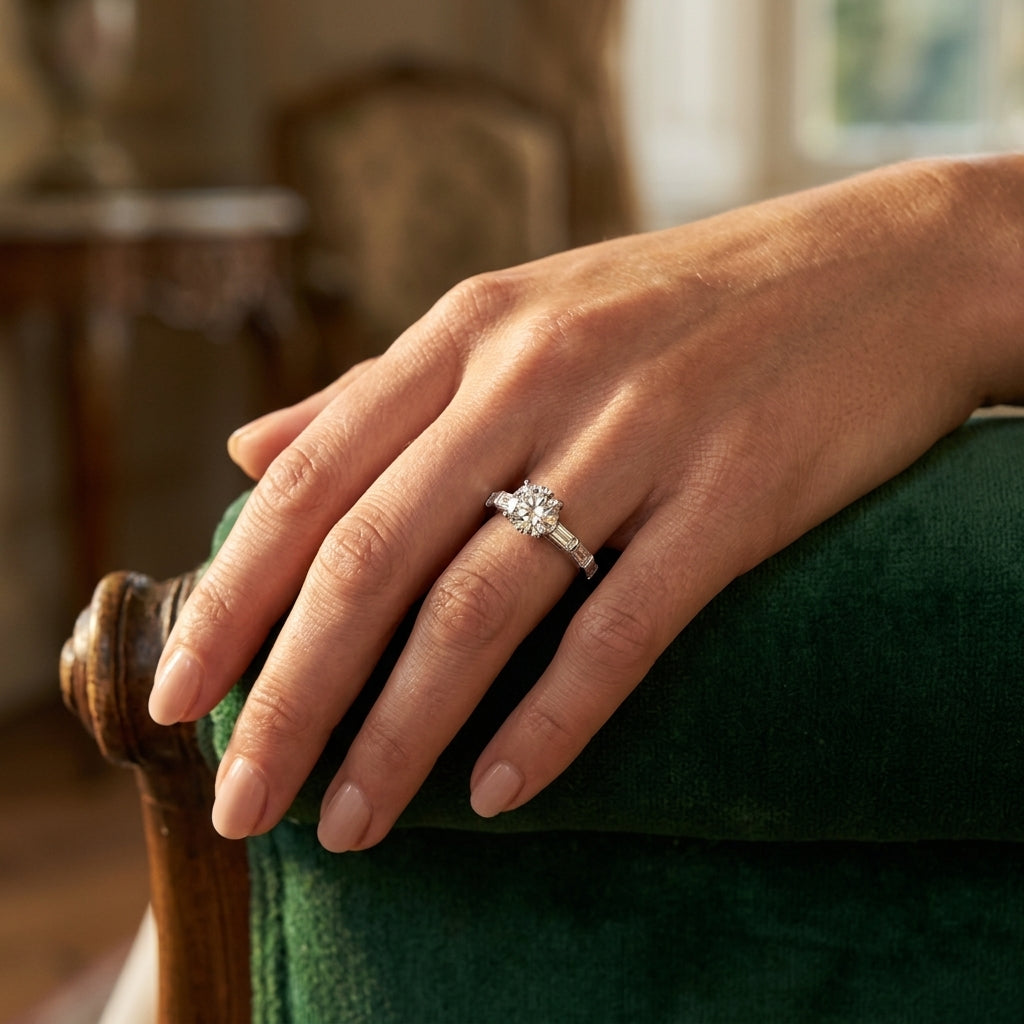 Fancy Shape Baguette Stackable Engagement Ring - worn lifestyle photo