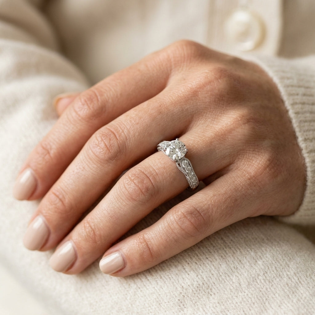 Antique Single Row Milgrain Engagement Ring - worn lifestyle photo
