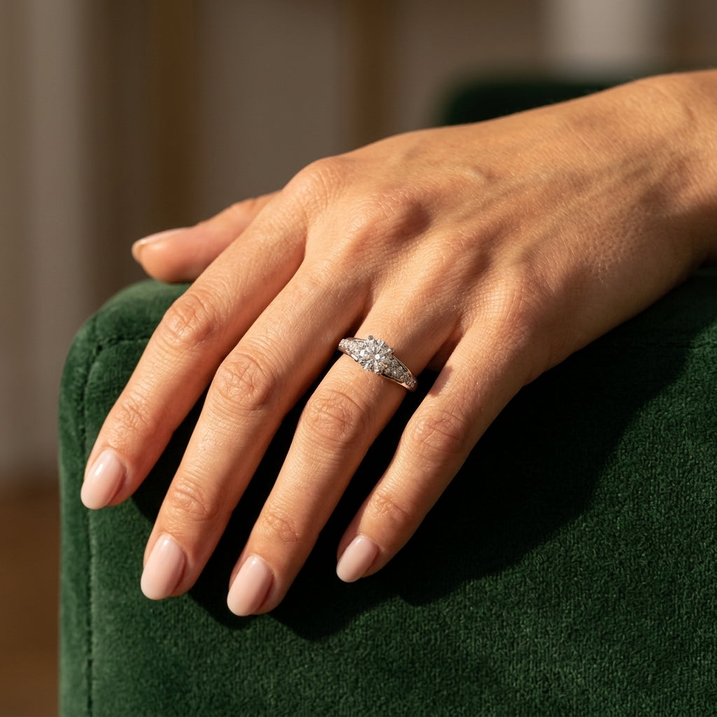 Single Row Prong Set Engagement Ring - worn lifestyle photo