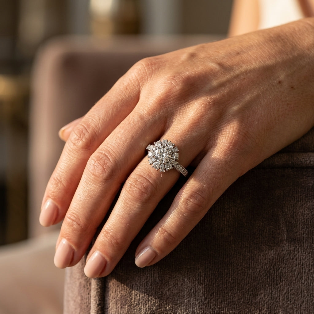 Antique Style Halo Engagement Ring - worn lifestyle photo