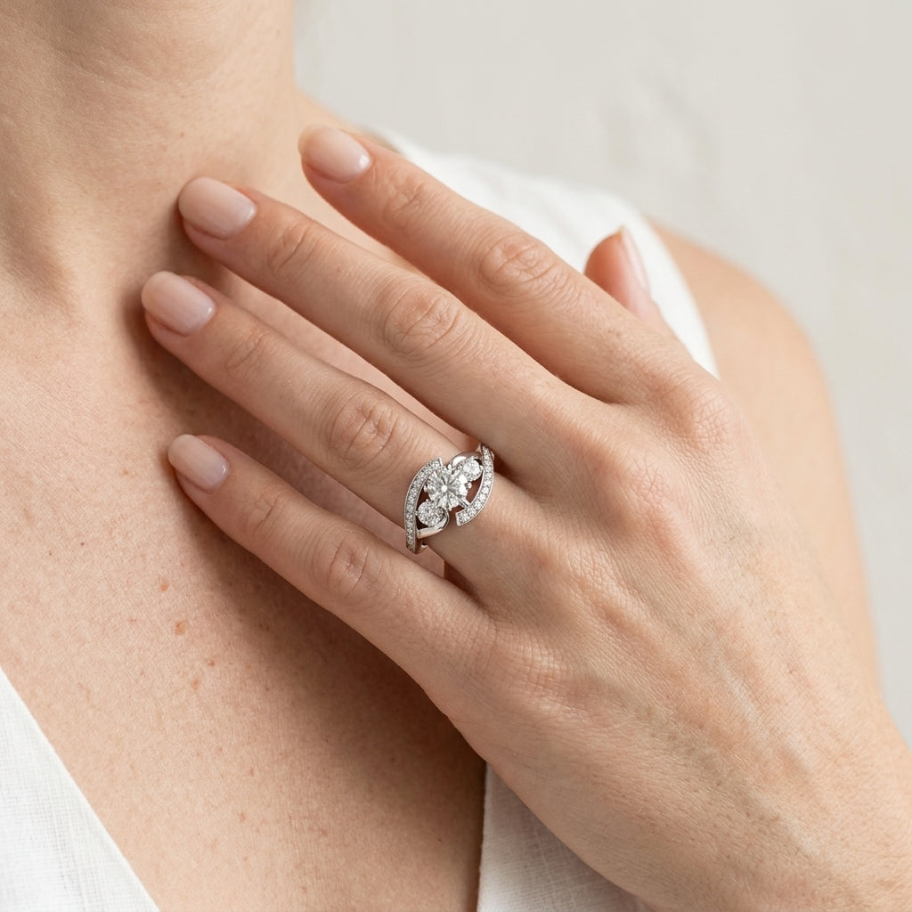 3-Stone Bypass Twisted Prong Engagement Ring - worn lifestyle photo