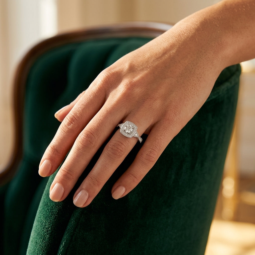 Antique Style Halo Milgrain Engagement Ring - worn lifestyle photo