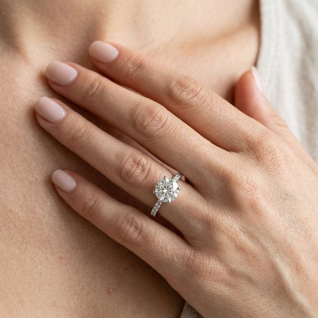 Double Prong Hidden Halo Engagement Ring - worn lifestyle photo