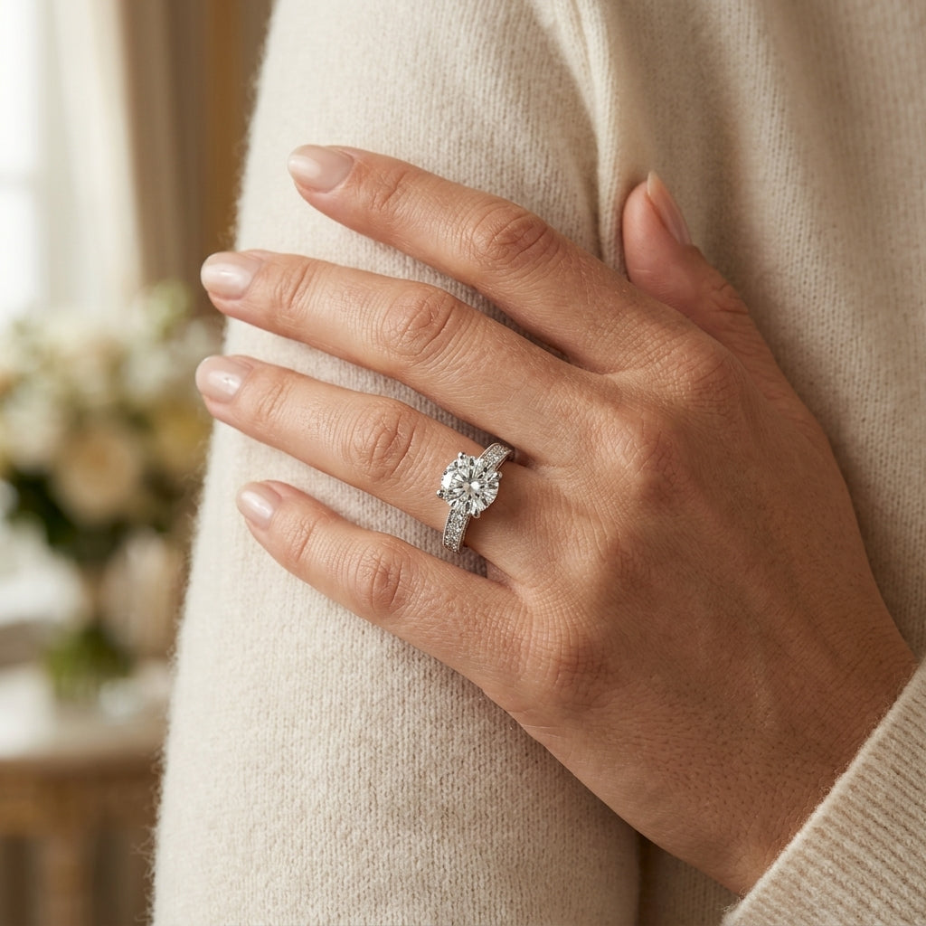 Vintage Inspired Milgrain Engagement Ring - worn lifestyle photo