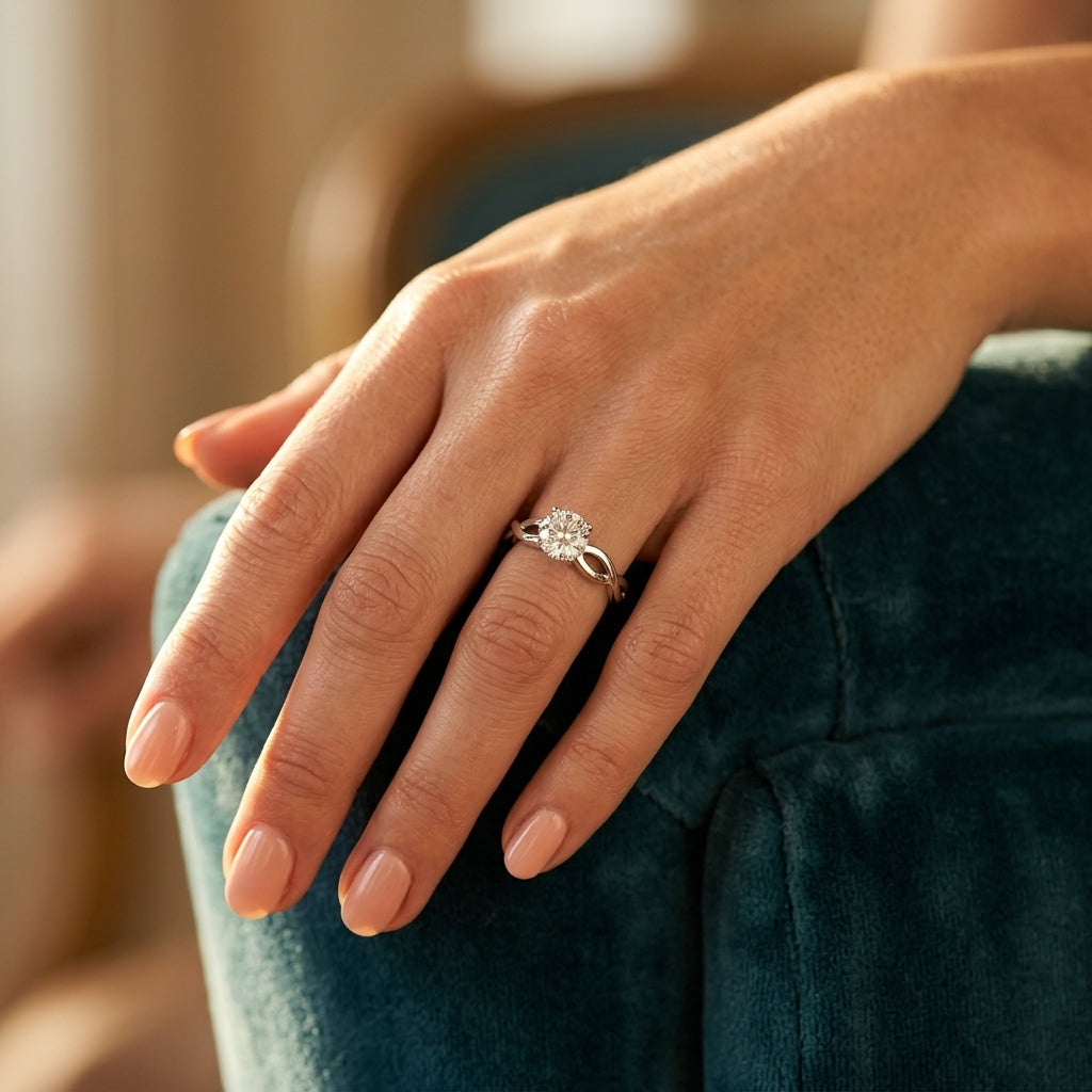 Twisted Shank Solitaire Engagement Ring - worn lifestyle photo