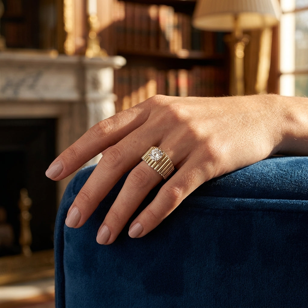 Solitaire Round Engagement Ring - worn lifestyle photo