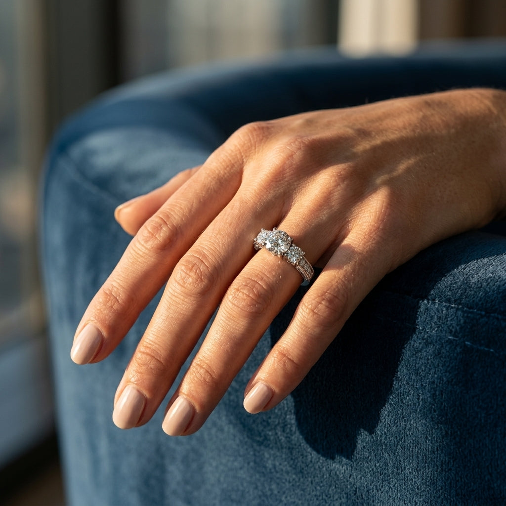 3-Stone Prong Set Engagement Ring - worn lifestyle photo