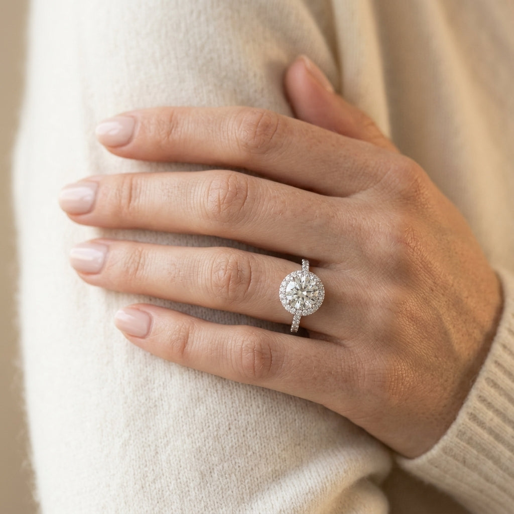 Single Row Halo Engagement Ring - worn lifestyle photo