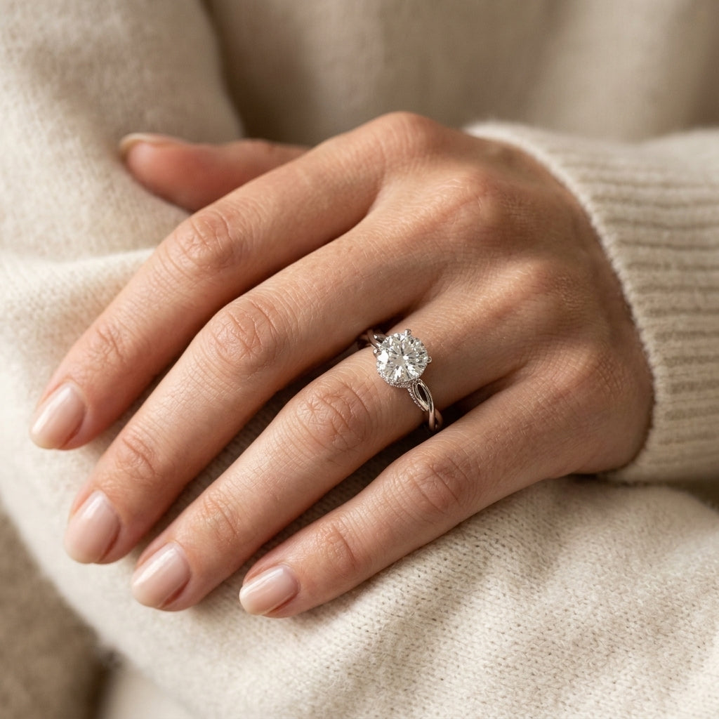 Solitaire Hidden Halo Twisted Engagement Ring - worn lifestyle photo