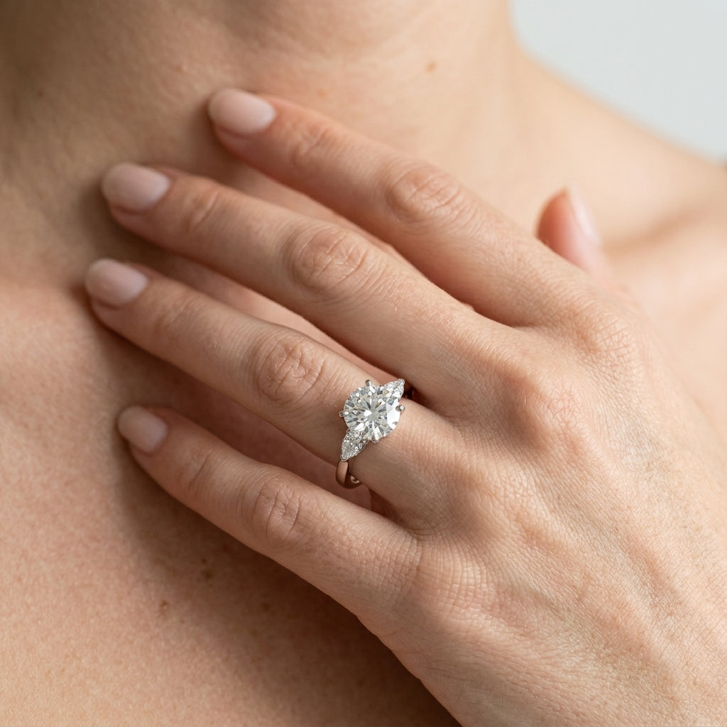 3-Stone Pear Shaped Engagement Ring - worn lifestyle photo