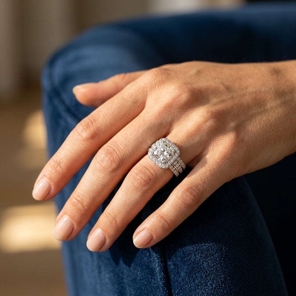 Multirow Halo Engagement Ring - worn lifestyle photo