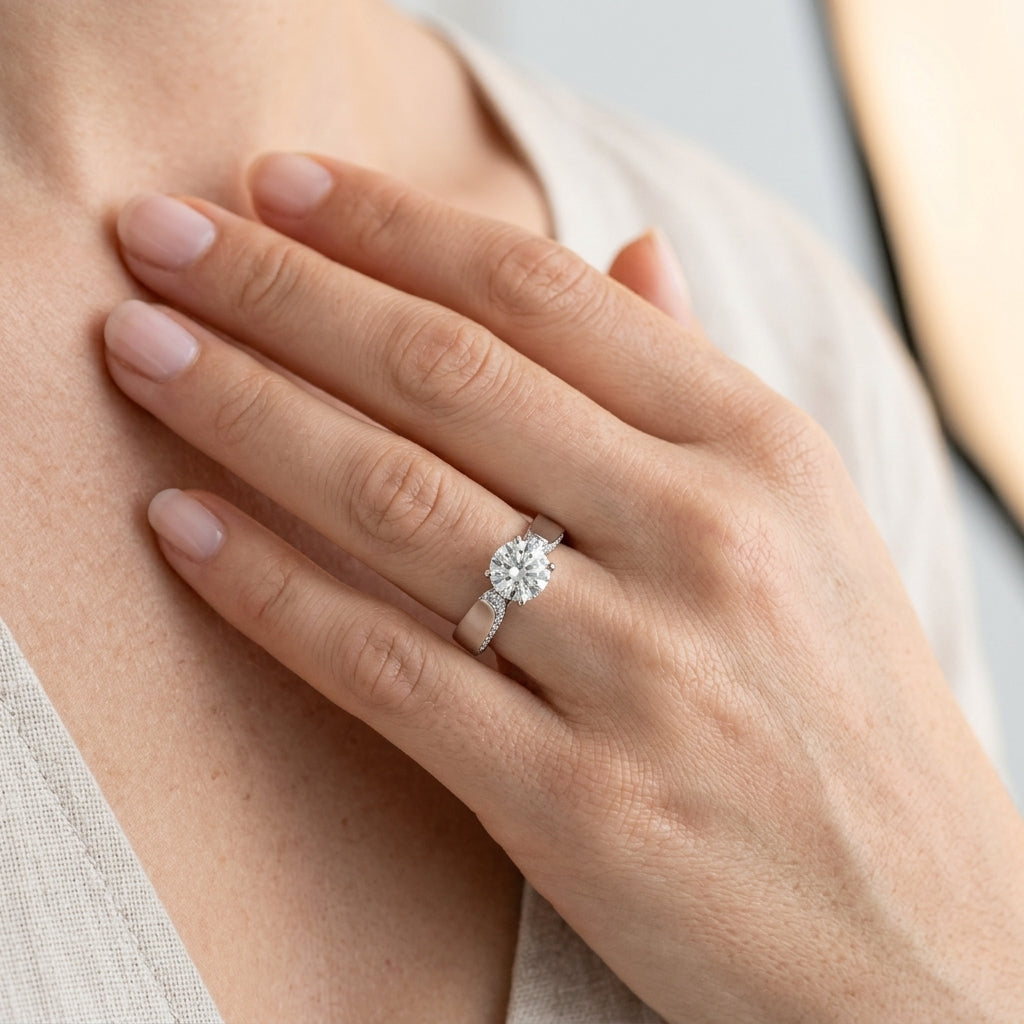 Classic Solitaire Shared Prong Engagement Ring - worn lifestyle photo