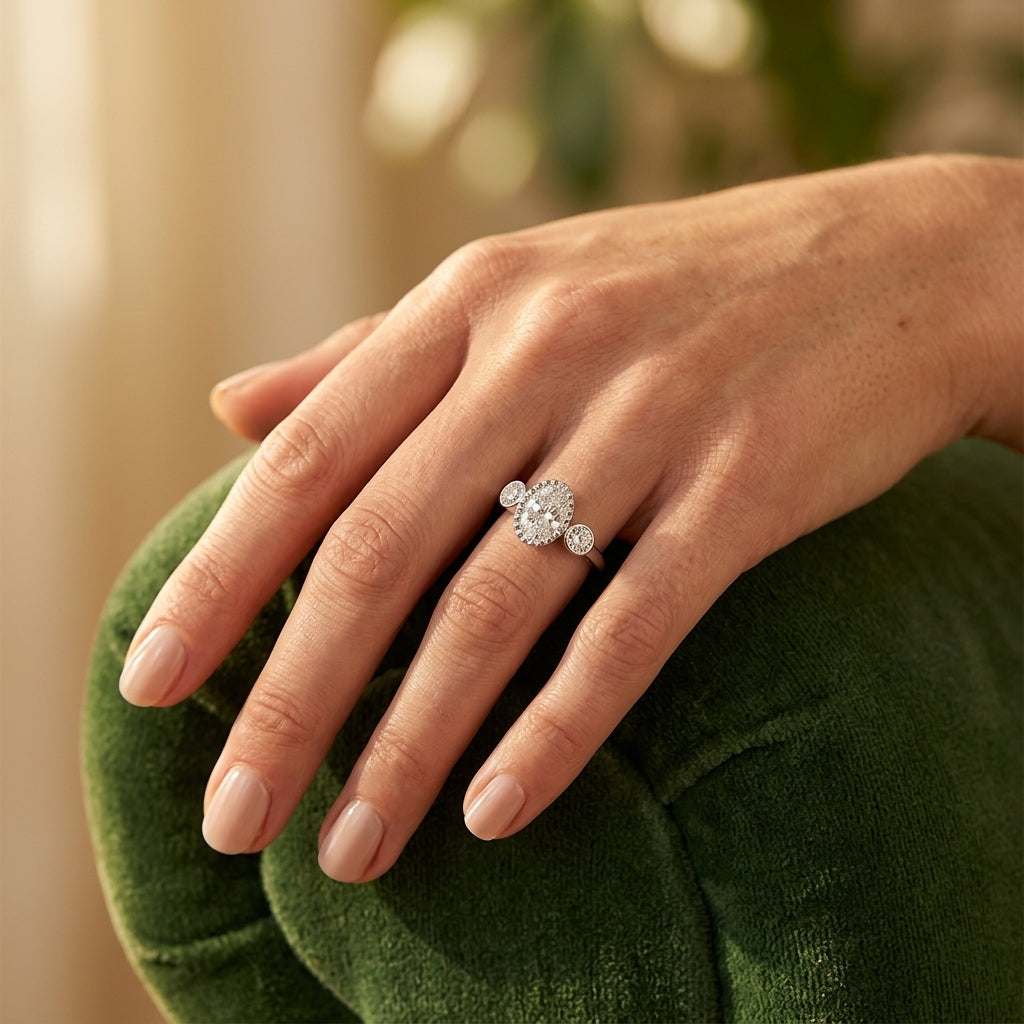3-Stone Bezel Set Oval Engagement Ring - worn lifestyle photo