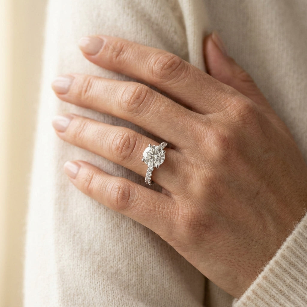 French Cut Round Engagement Ring - worn lifestyle photo