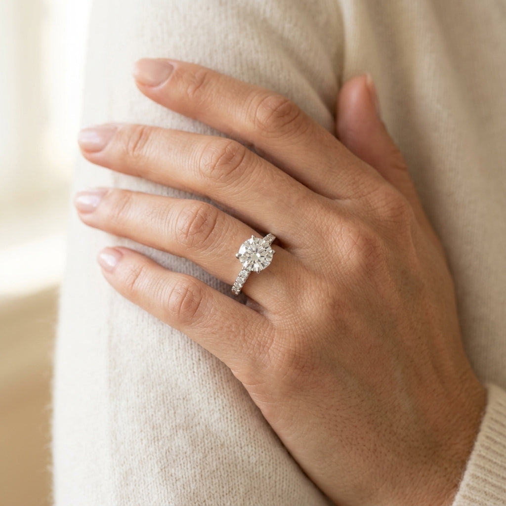 Single Row Prong Set Hidden Halo Engagement Ring - worn lifestyle photo