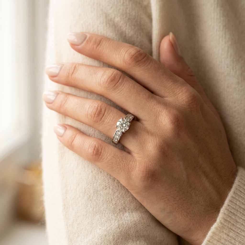 Single Row Channel Set Engagement Rings - worn lifestyle photo