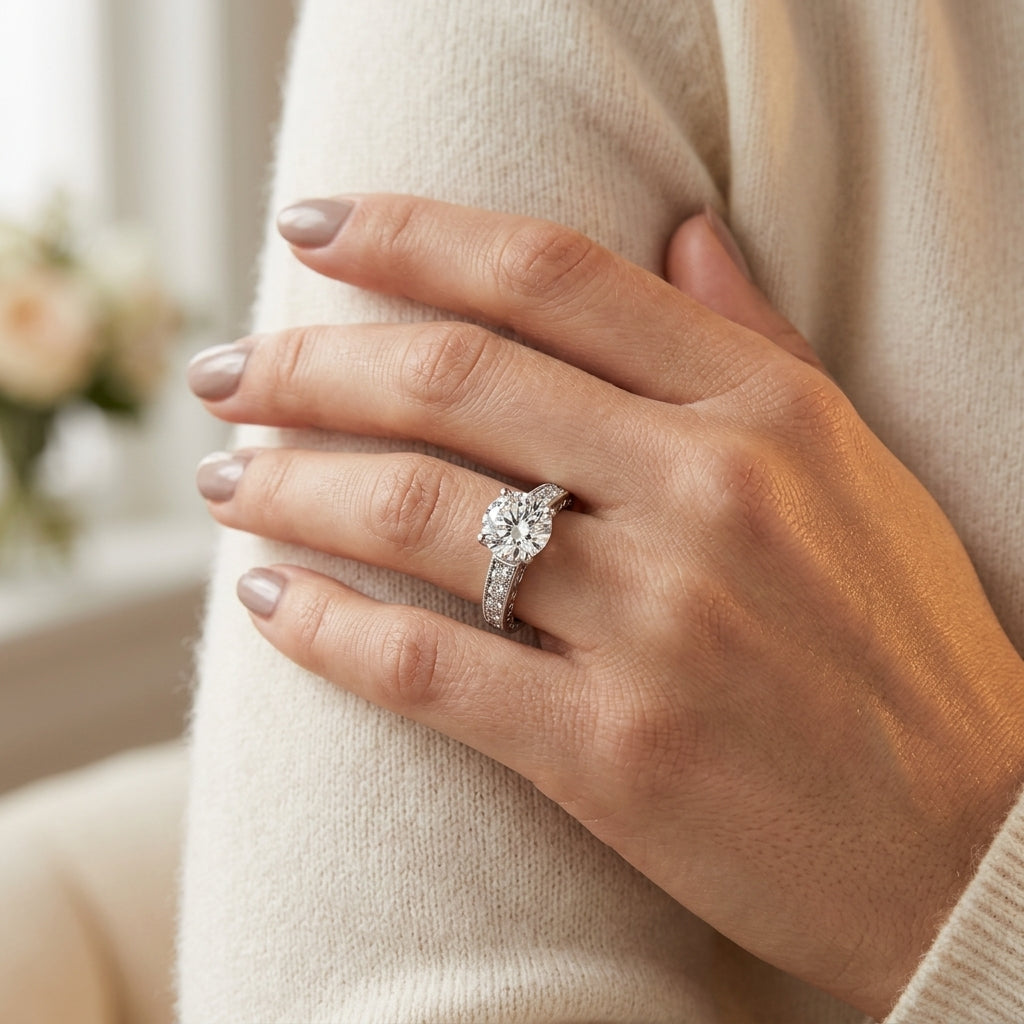 Antique Single Row Prong Filigree Engagement Ring - worn lifestyle photo