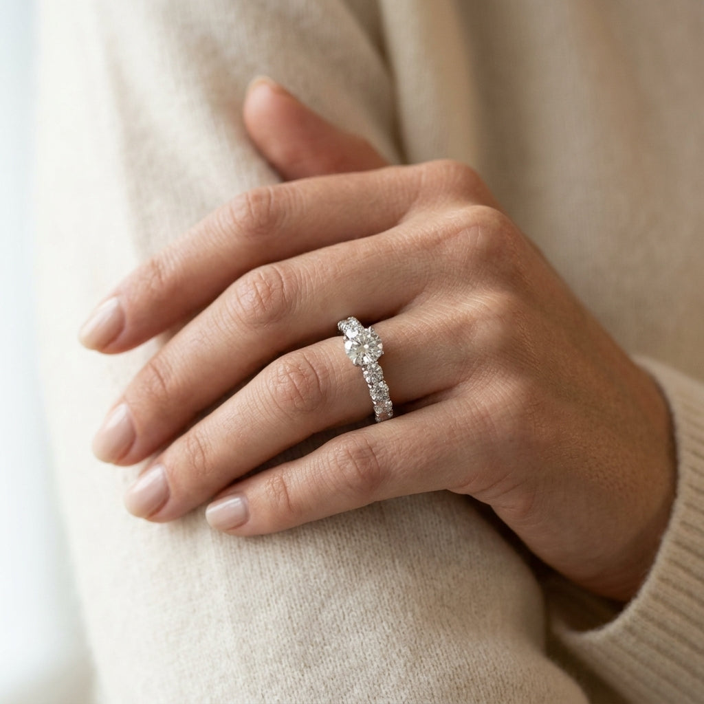 Single Row Prong Set Engagement Rings - worn lifestyle photo