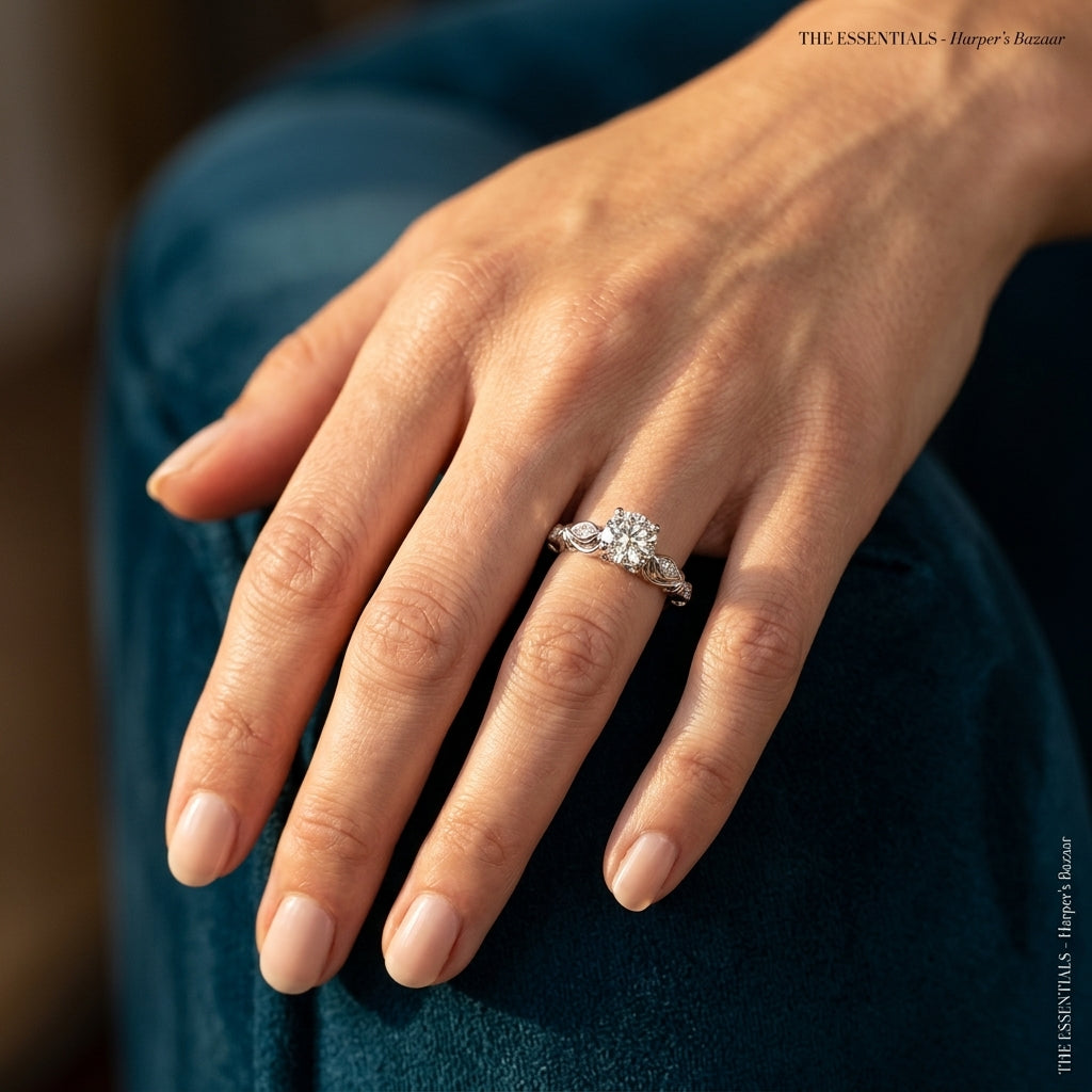Antique Style Marquise Shape Engagement Ring - worn lifestyle photo