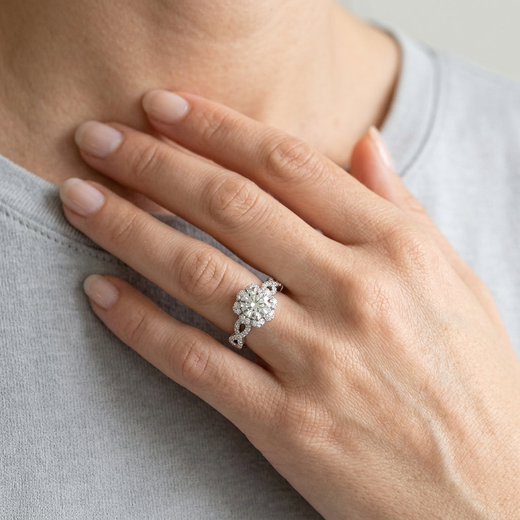 Twisted Shank Halo Engagement Ring - worn lifestyle photo