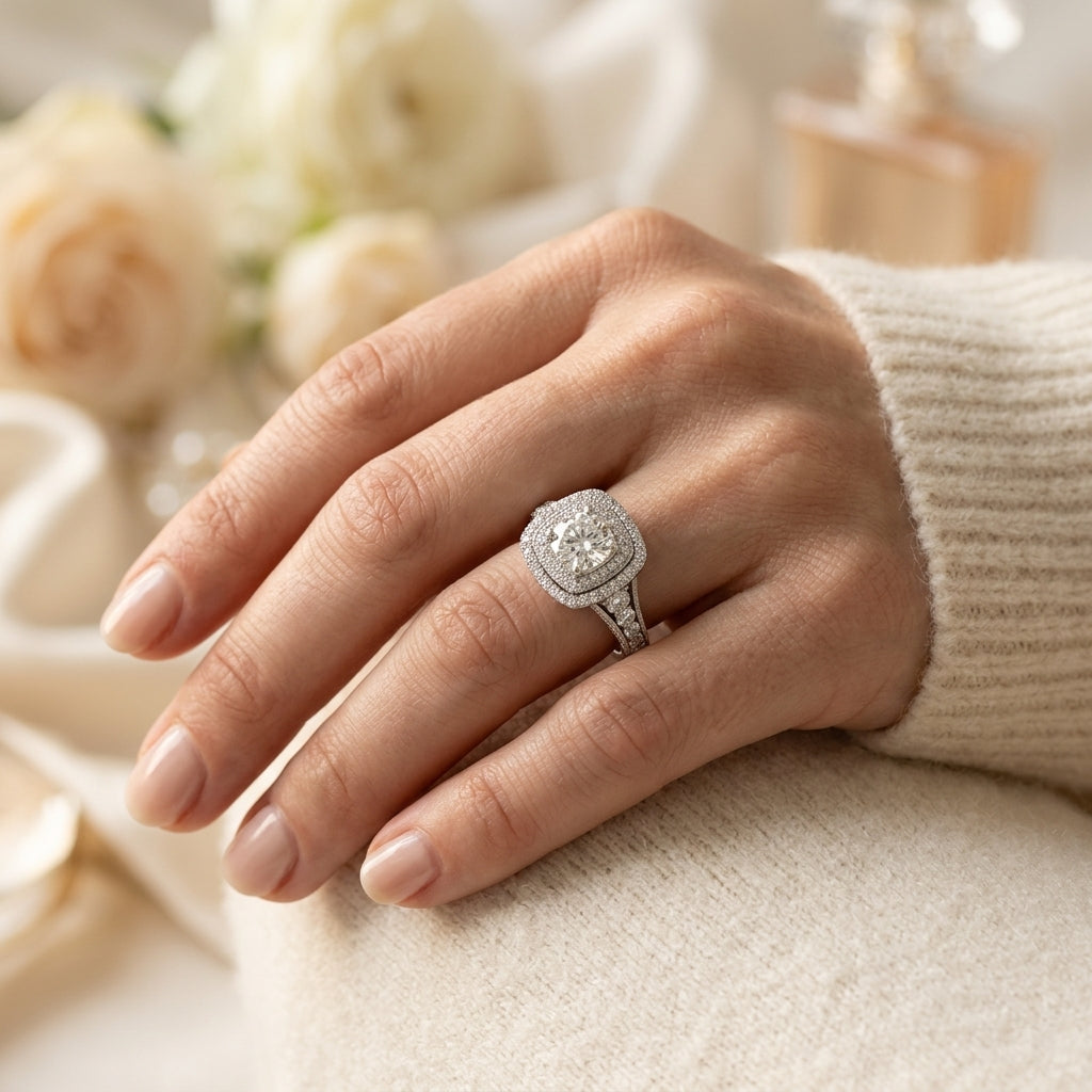 Antique Double Halo Milgrain Engagement Rings - worn lifestyle photo