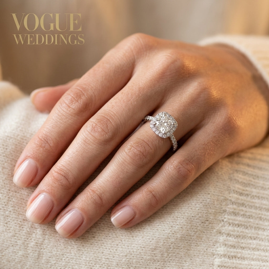 Single Row Accented Halo Engagement Rings - worn lifestyle photo