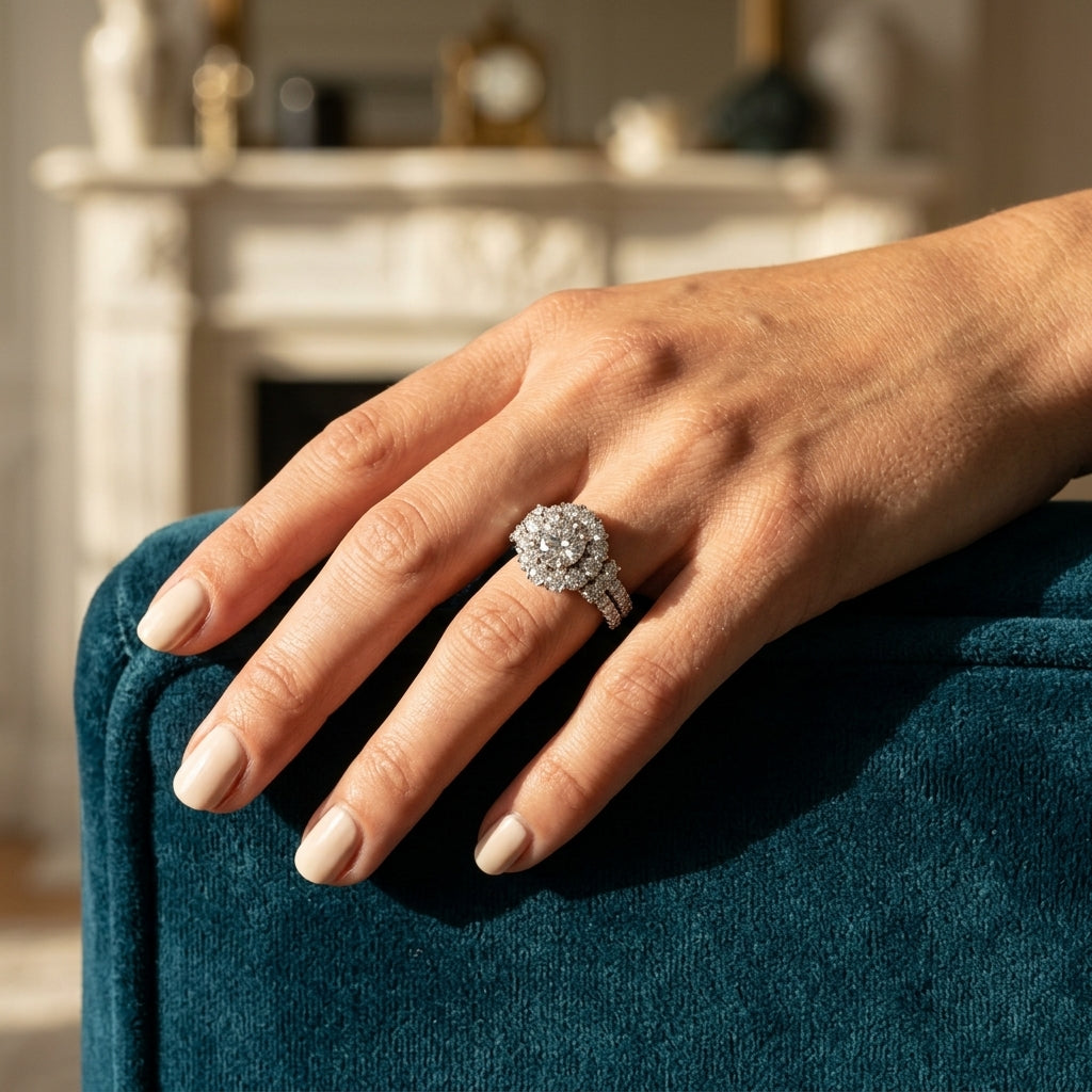 Vintage Accented Halo Engagement Rings - worn lifestyle photo