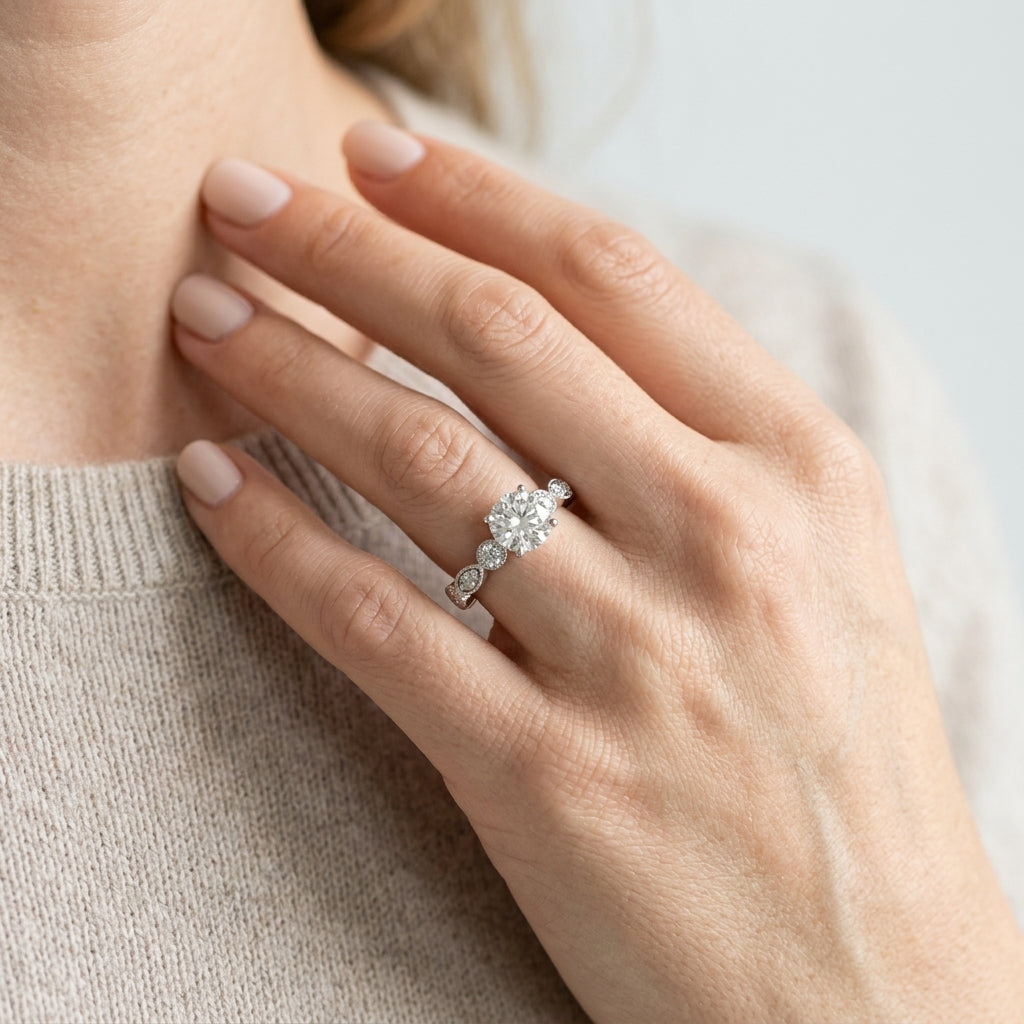 Antique Inspired Milgrain Engagement Ring - worn lifestyle photo