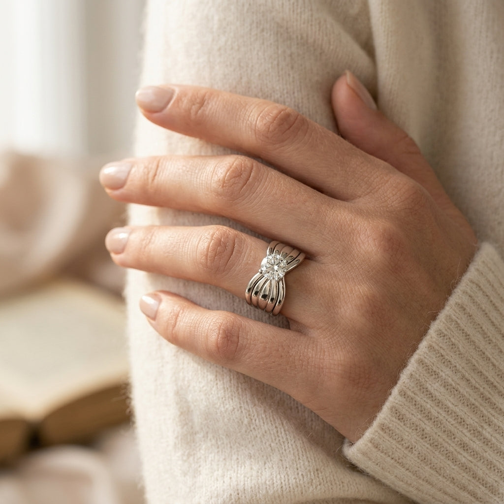 Contemporary Solitaire Engagement Ring - worn lifestyle photo