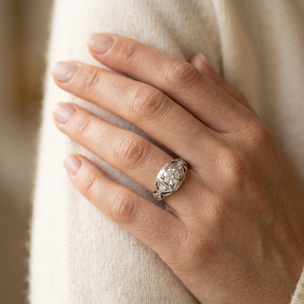 Vintage Inspired Engraved Filigree Engagement Ring - worn lifestyle photo