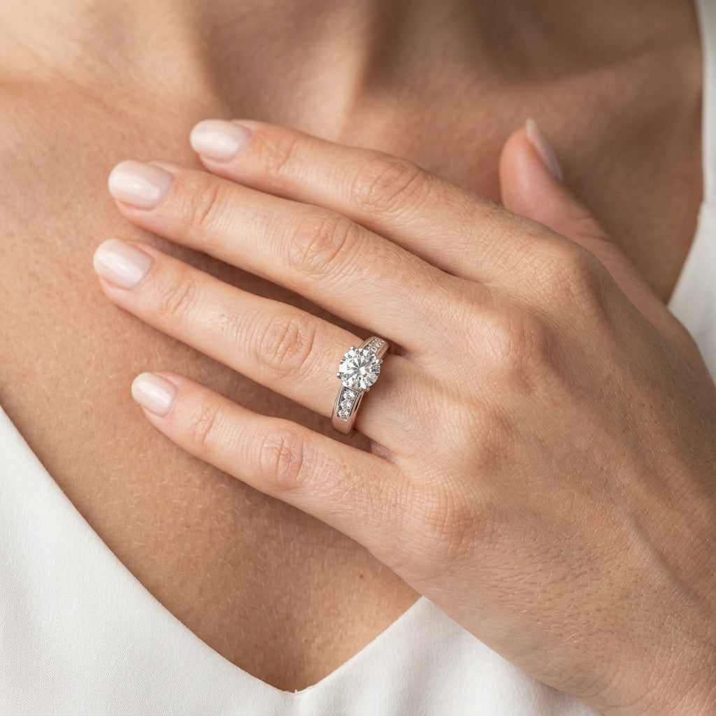 Single Row Channel Set Engagement Ring - worn lifestyle photo